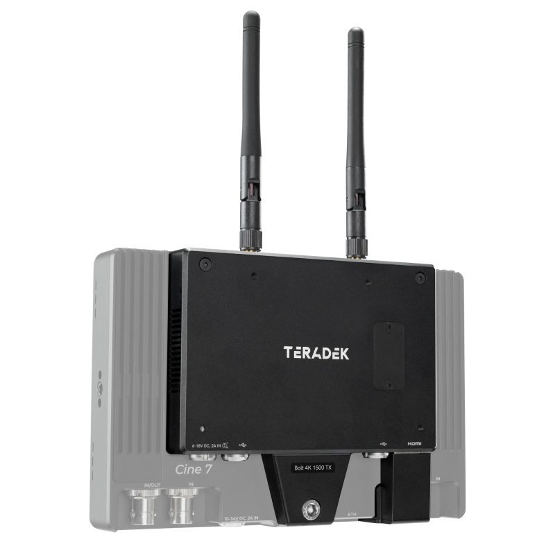 Teradek Bolt4KTransmitterMonitorModule1500 Three Quarters Installed Low Opacity